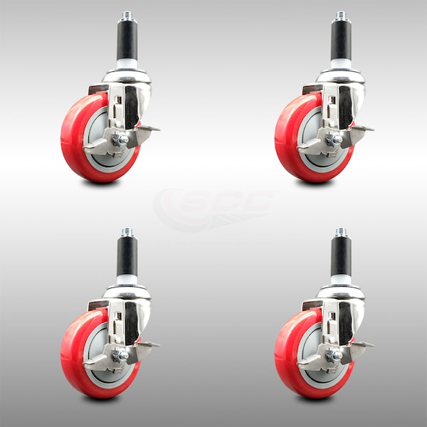 Service Caster 4 Inch 316SS Red Poly Swivel 1 Inch Expanding Stem Caster Set Brake SCC SCC-SS316EX20S414-PPUB-RED-TLB-1-4 - main